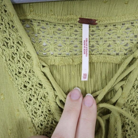 Free People XS Gauze Lace Lattice Neck Tunic Chartreuse Babydoll Bell Sleeve - Picture 3 of 11